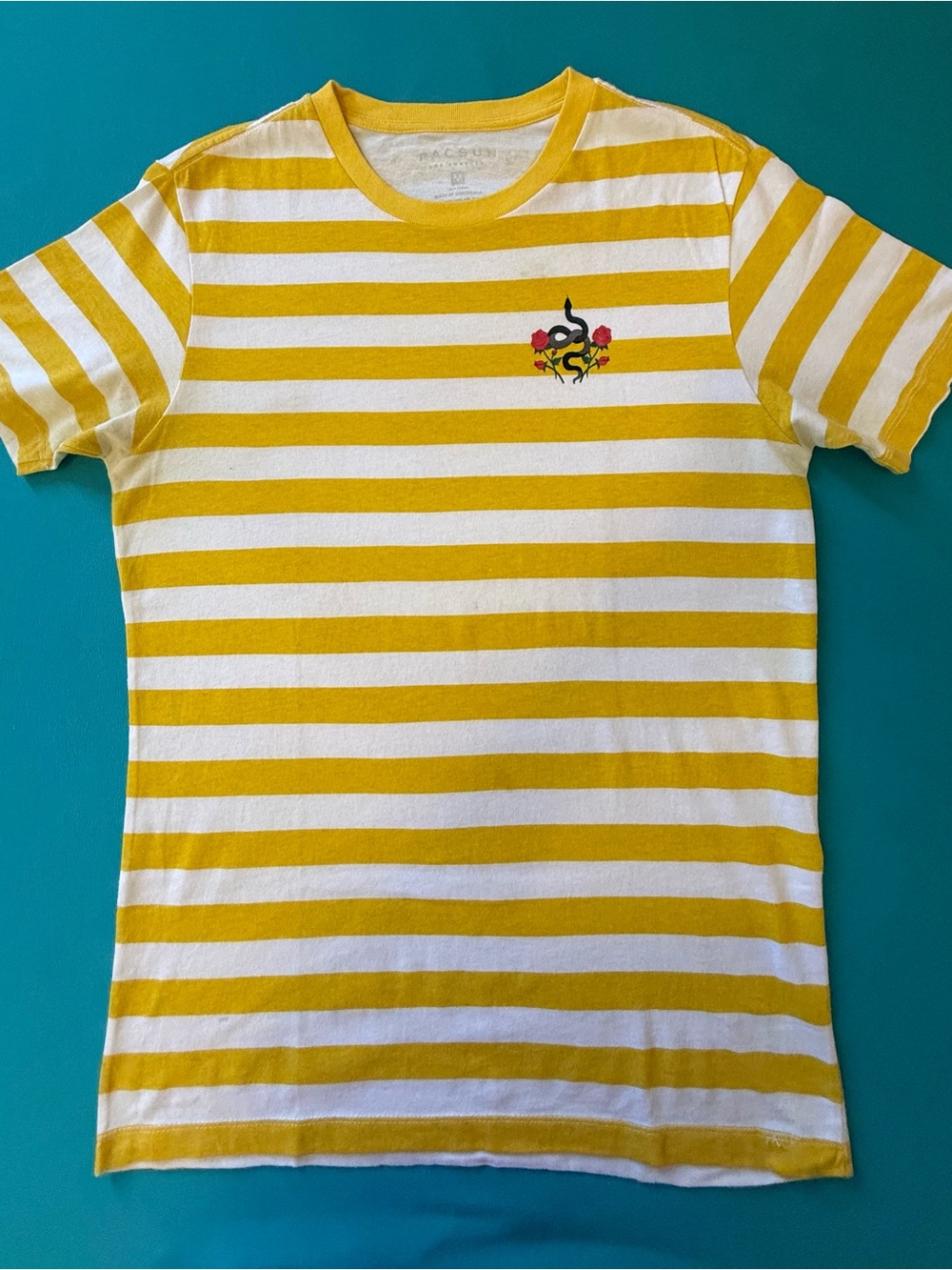 PacSun Yellow and White Striped Crewneck T-Shirt with Embroidered Rose Logo